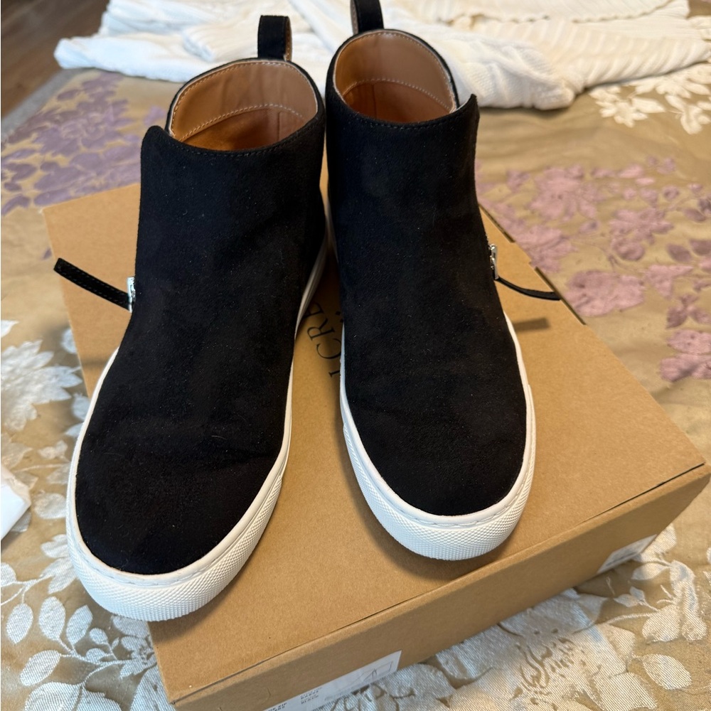 J. Crew Black Suede Ankle Boots with White Trim